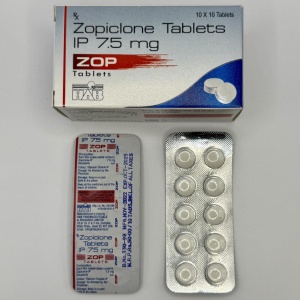 Zopiclone 7.5 mg tablets by HAB Pharma showing box and front and rear of blister pack to buy online